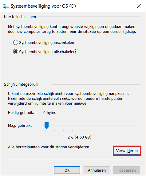Herstelpunten verwijderen.